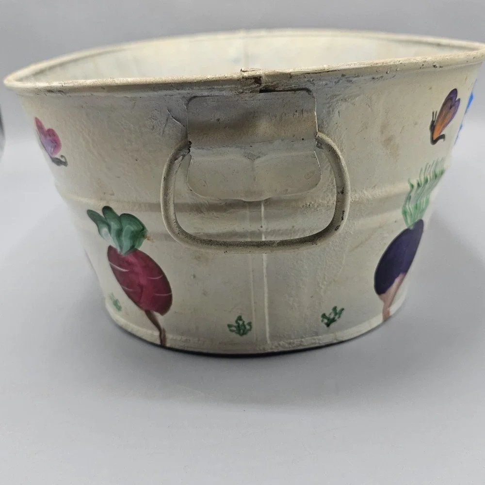 Vtg Galvanized Steel Bucket Planter Hand Painted Carrots Turnips Grandmacore